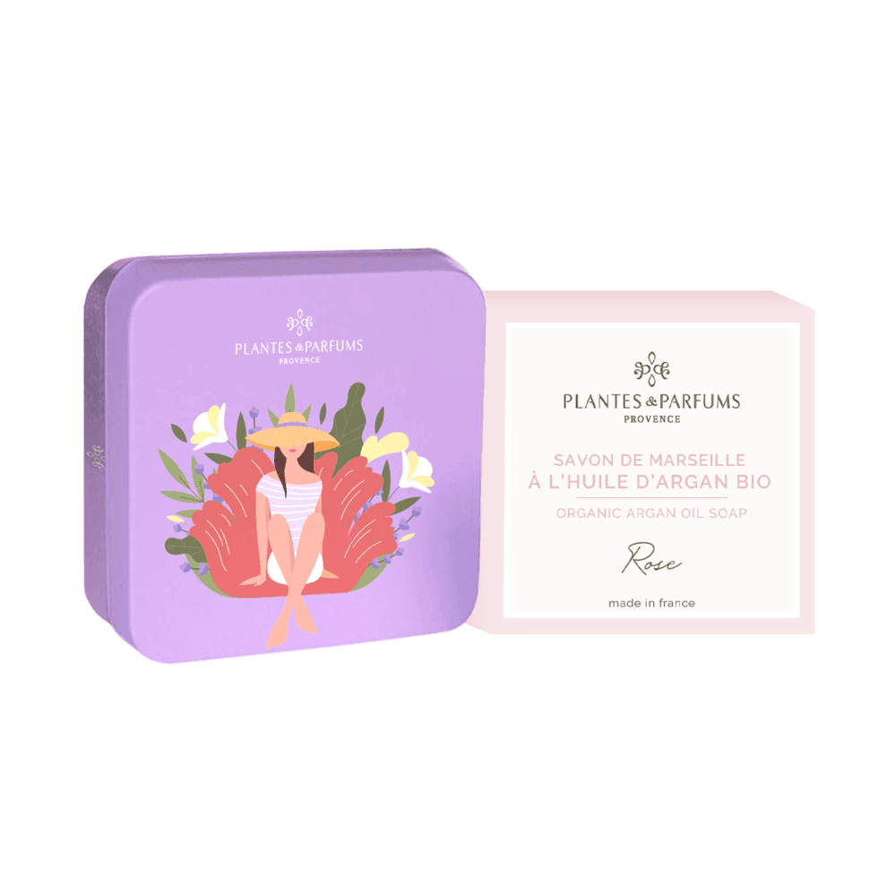 PLANTES&PARFUMS Marselio muilas su argano aliejumi metalinėje dėžutėje ''Rose'', 100 g