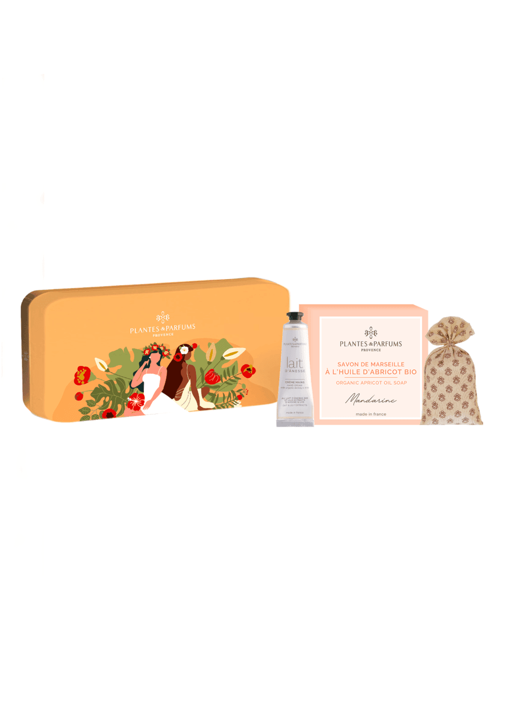 PLANTES&PARFUMS Dovanų rinkinys metalinėje dėžutėje "Mandarine" (muilas, rankų kremas, maišelis)