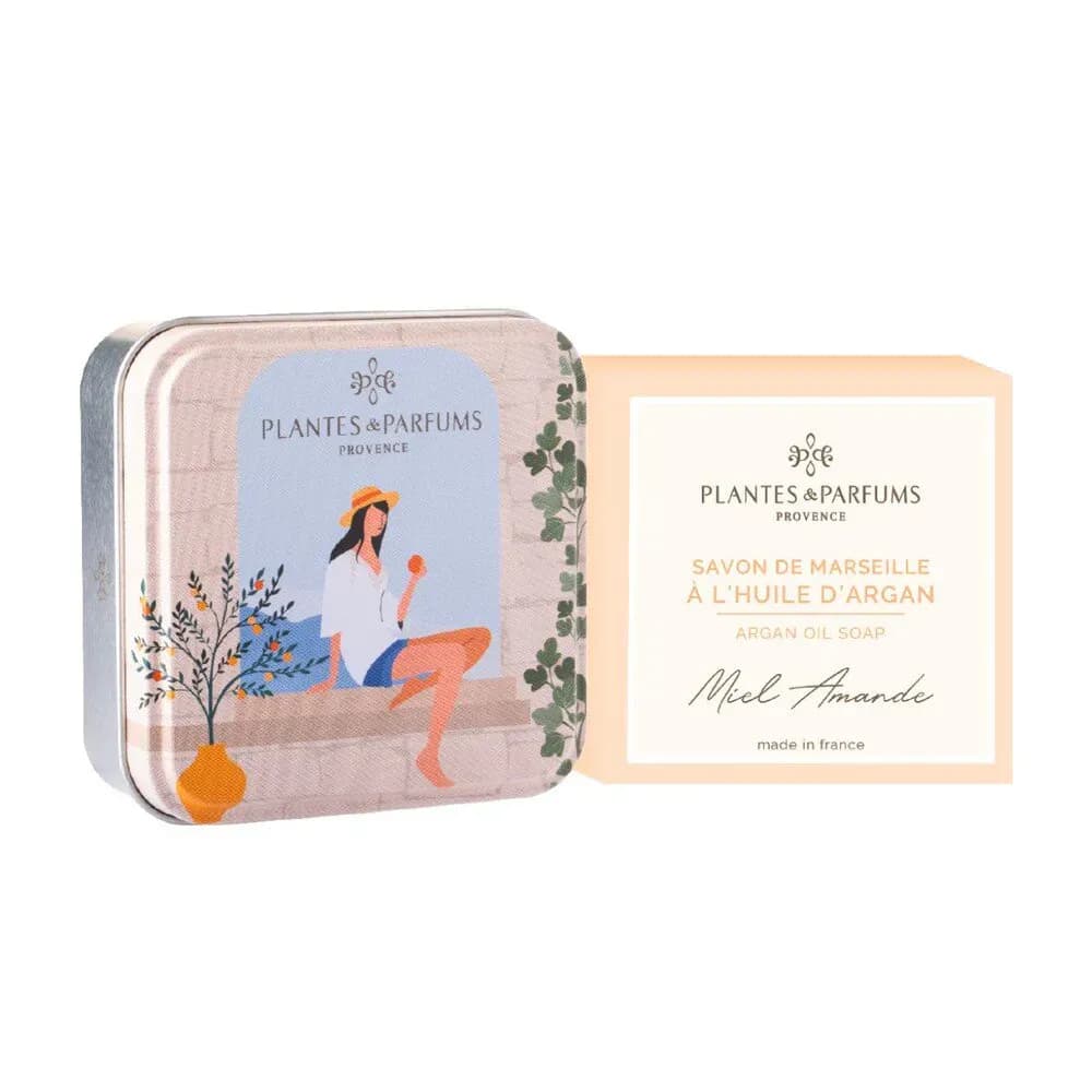 PLANTES&PARFUMS Marselio muilas su argano aliejumi metalinėje dėžutėje ''Miel Amande'', 100 g