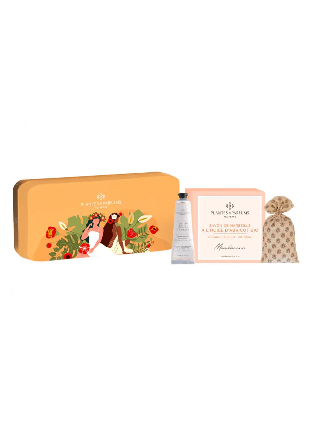 PLANTES&PARFUMS Dovanų rinkinys metalinėje dėžutėje "Mandarine" (muilas, rankų kremas, maišelis)